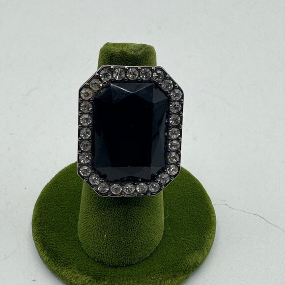 Bold Black Cocktail Ring With Rhinestone Border & Silver-Tone Band - Picture 2 of 6